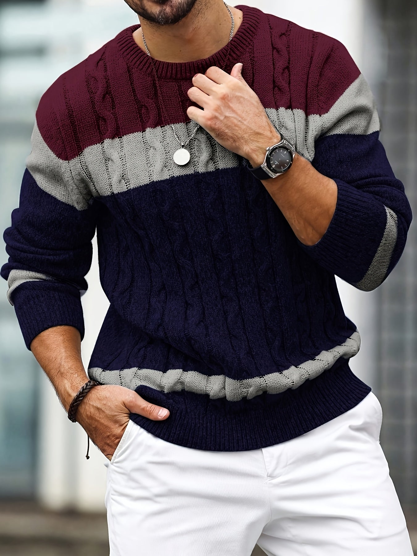COLOUR BLOCK CABLE SWEATER FOR MEN