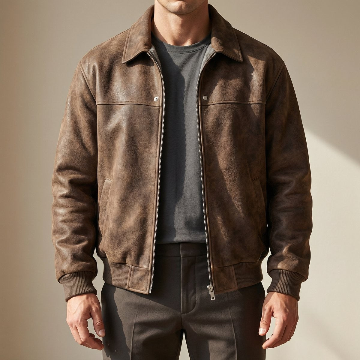 Distressed brown lambskin leather bomber jacket with shirt collar and press-stud tabs