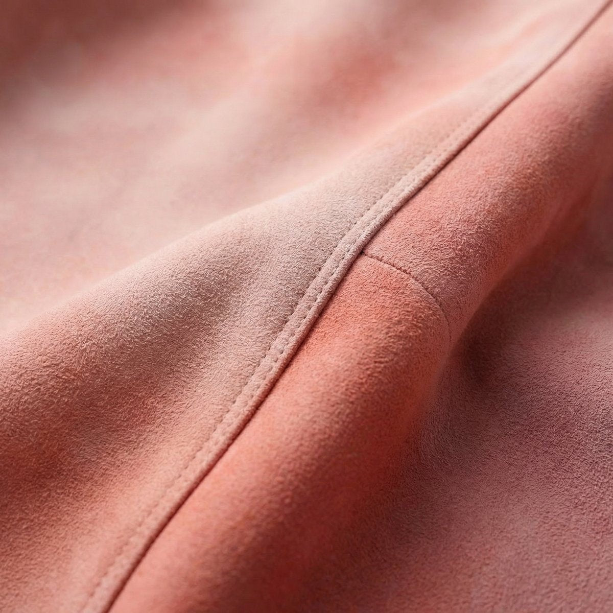 Close-up of pink lambskin leather bomber jacket showing seam and suede texture