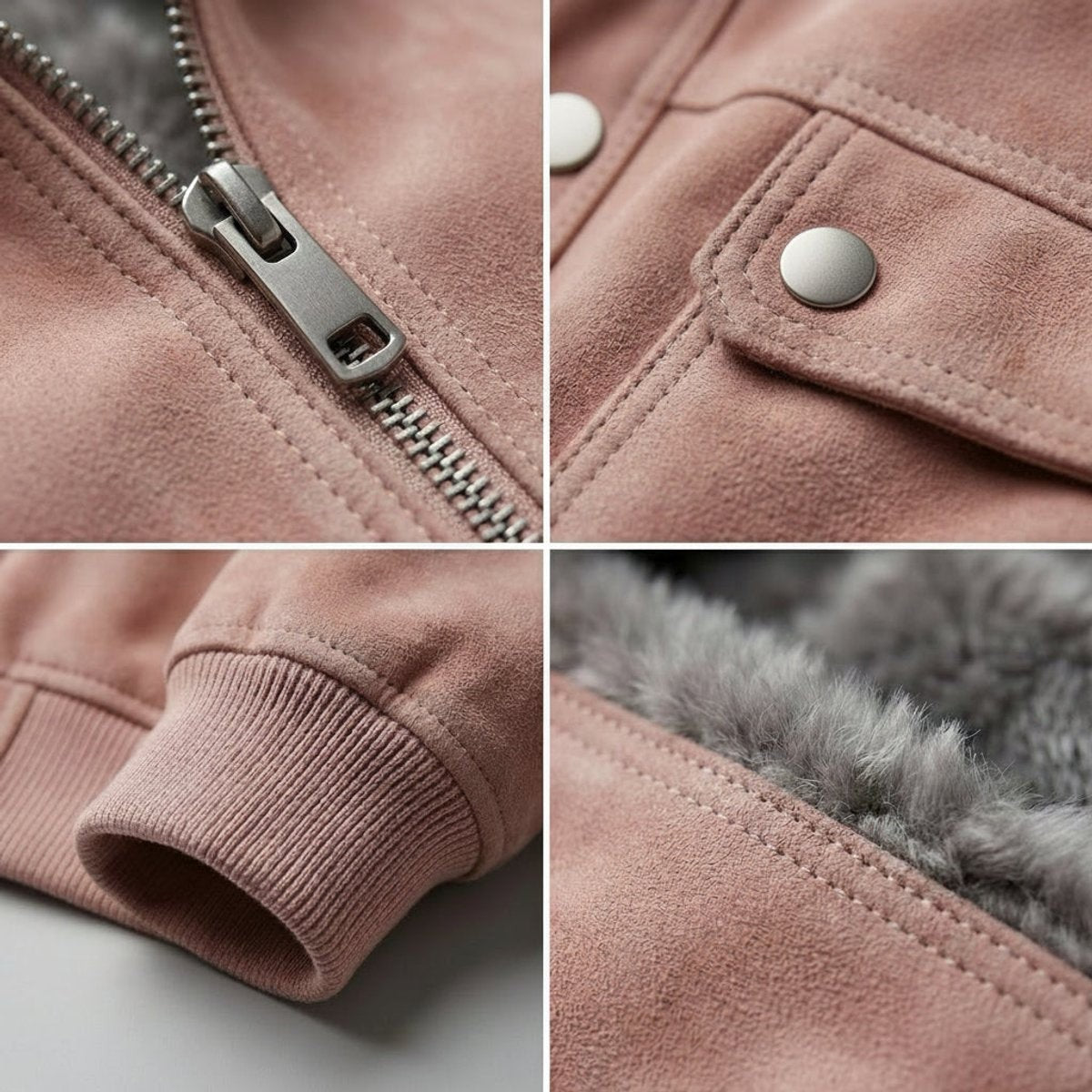 Detail shots of pink leather bomber jacket zip, press stud, cuff and shearling collar