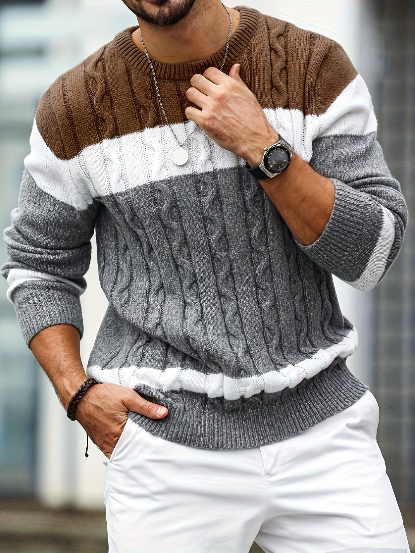 COLOUR BLOCK CABLE SWEATER FOR MEN