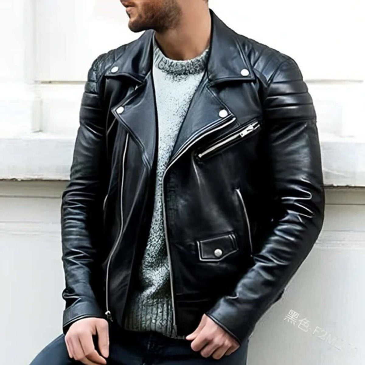 Black faux leather biker jacket with asymmetric zip and stud detailing