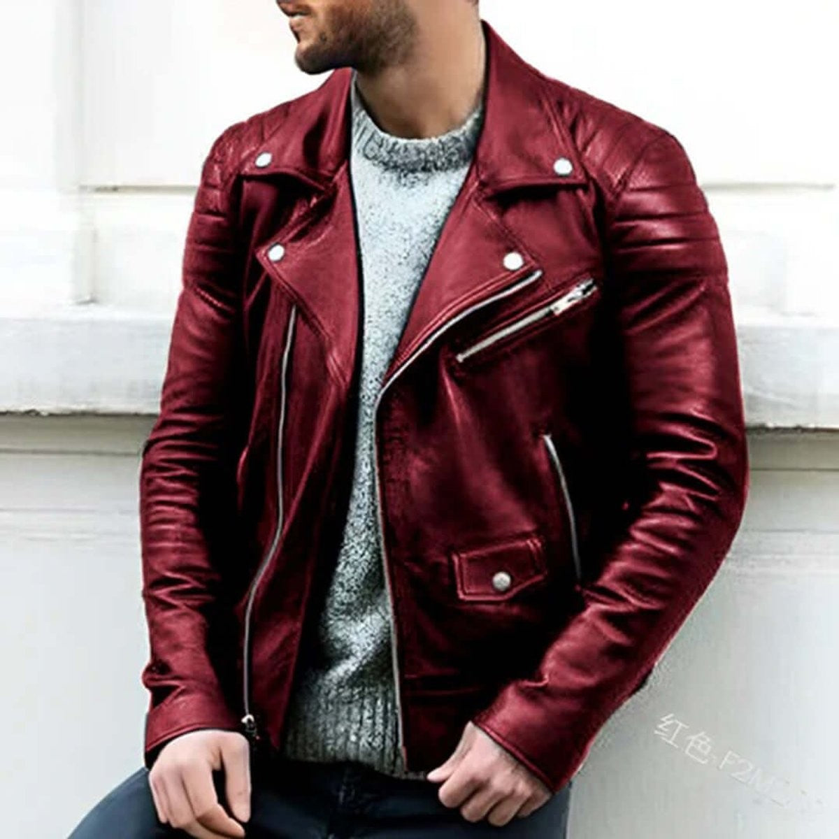 Burgundy faux leather biker jacket with silver hardware and popper collar