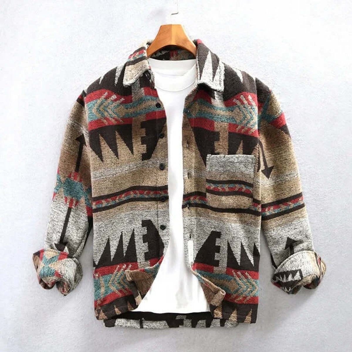 Men's Aztec print flannel shirt jacket in brown and red tribal pattern