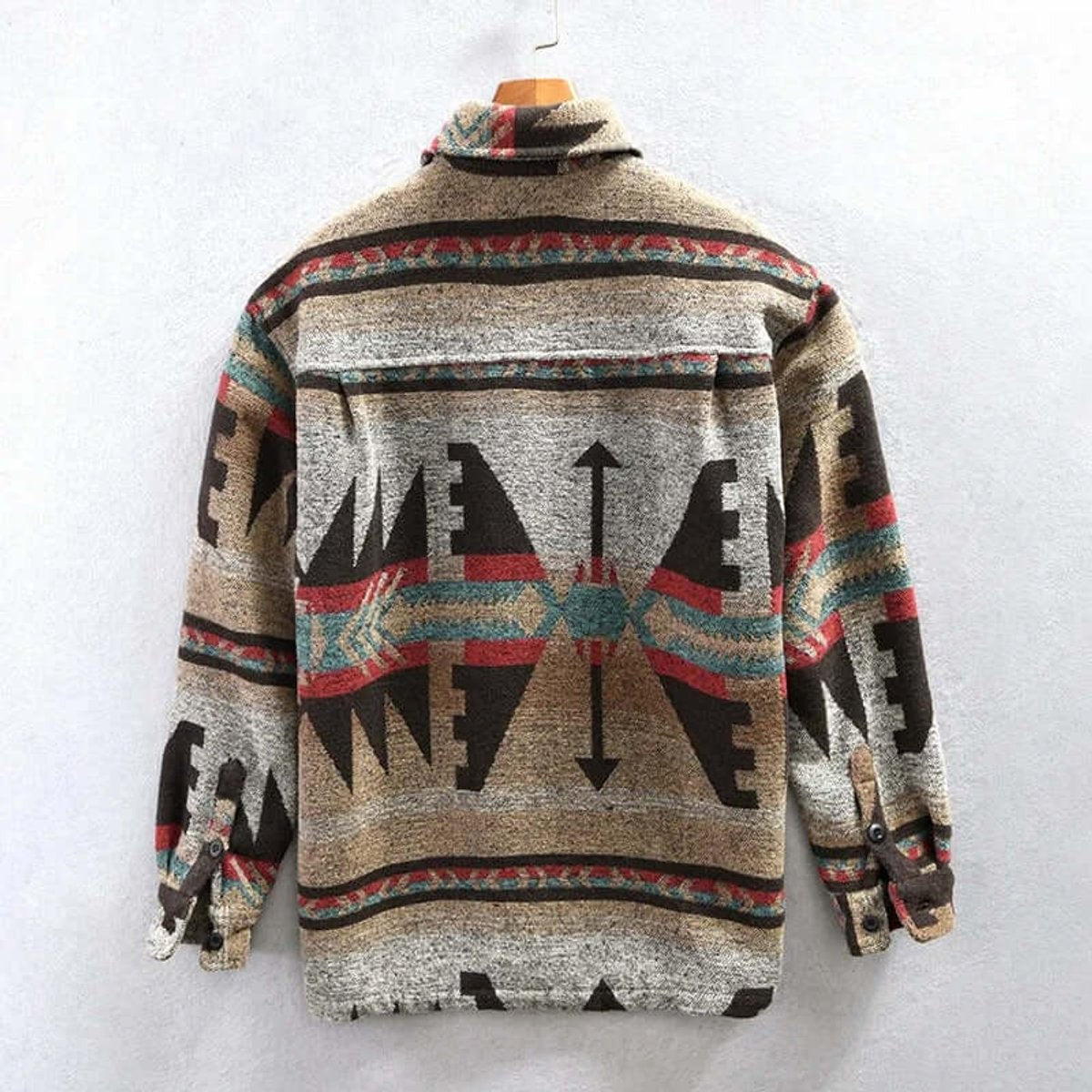 Rear view of Southwestern print flannel overshirt showing bold aztec design