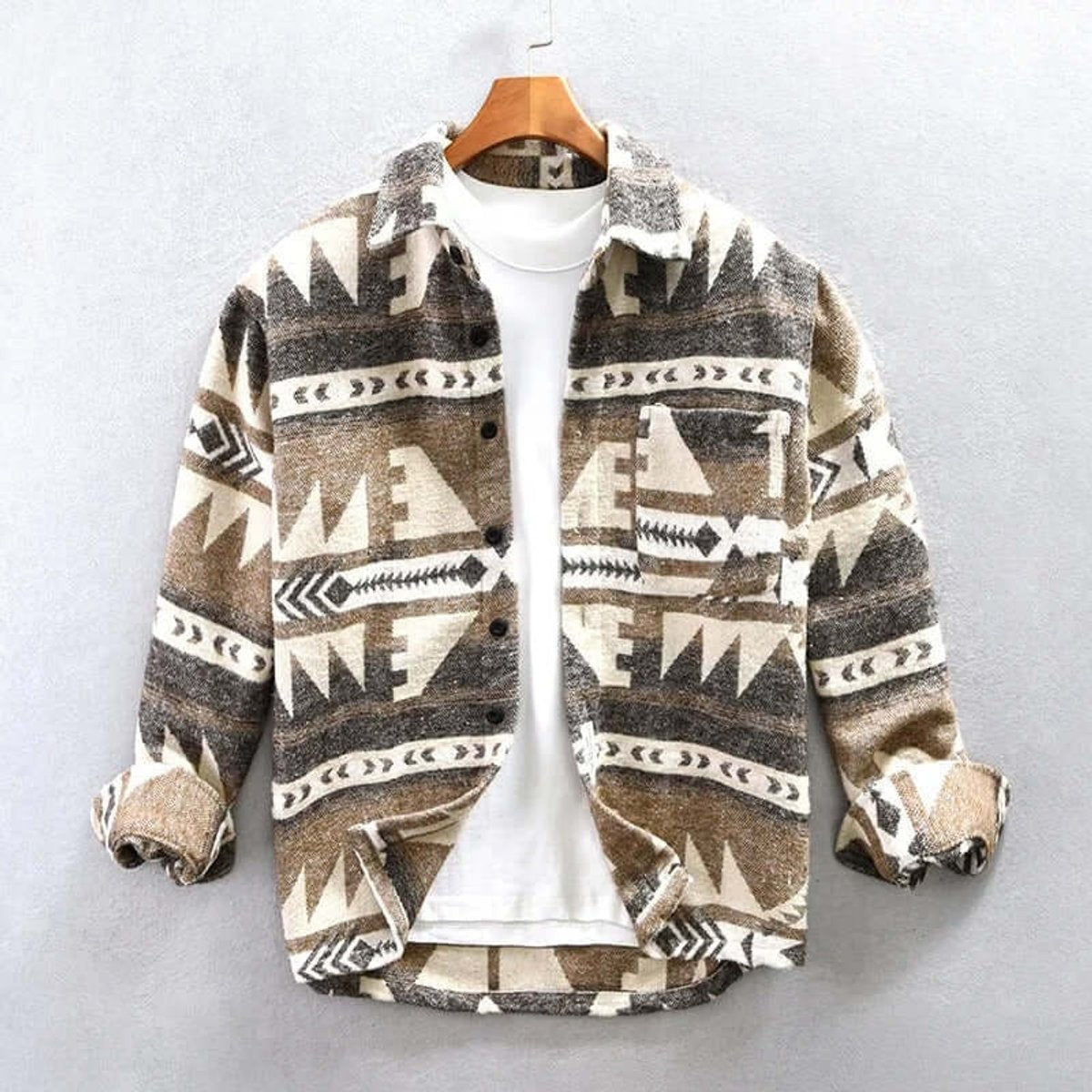 Beige tribal print flannel shirt jacket with button front and chest pocket