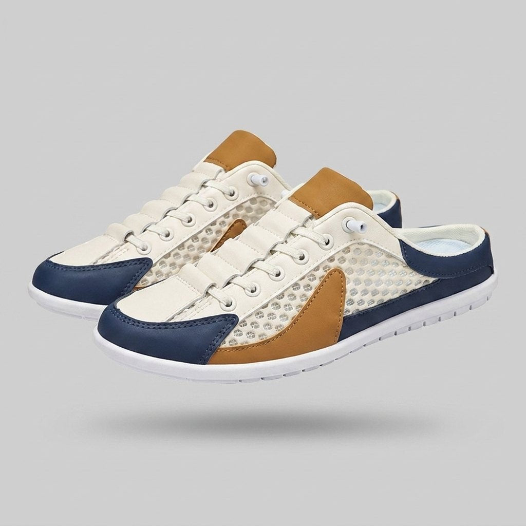 Backless mesh trainer mules in cream with navy and tan panels
