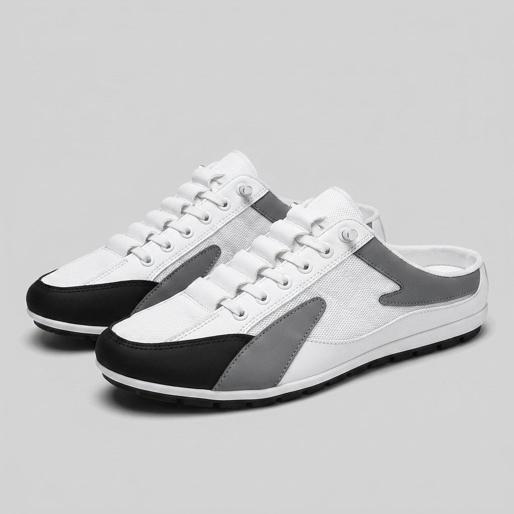 Slip-on sneaker mules in white with black and grey trim