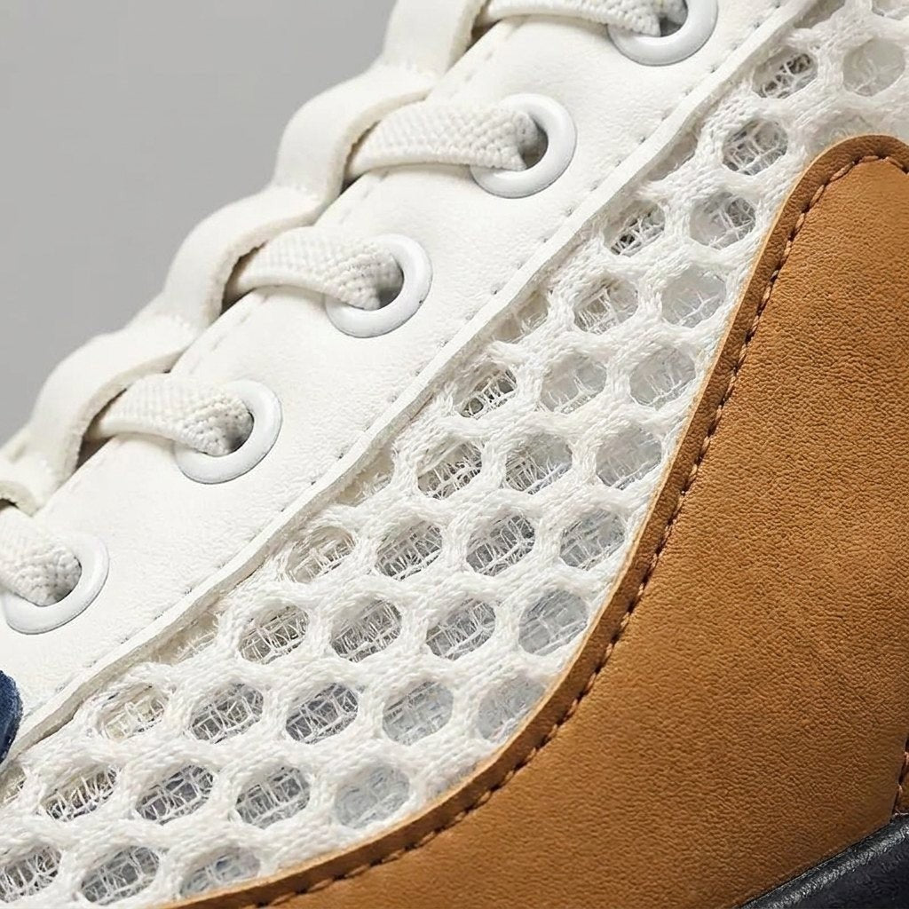 Close-up of mesh upper and tan panel on lace-up sneaker mule