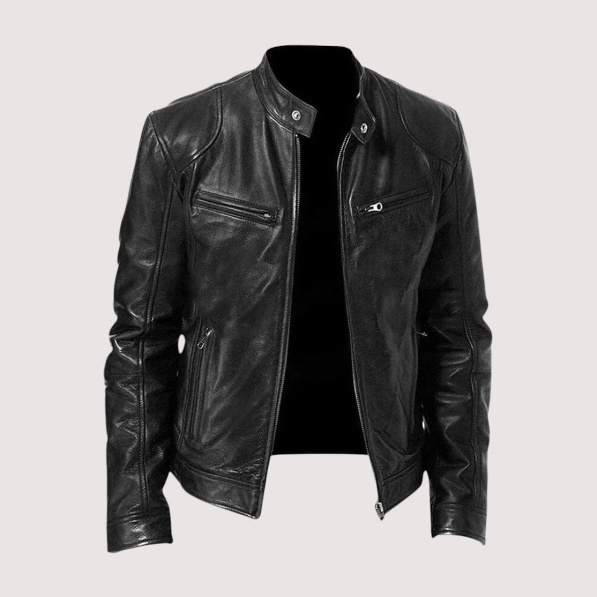 Black leather biker jacket with stand collar and zip pockets