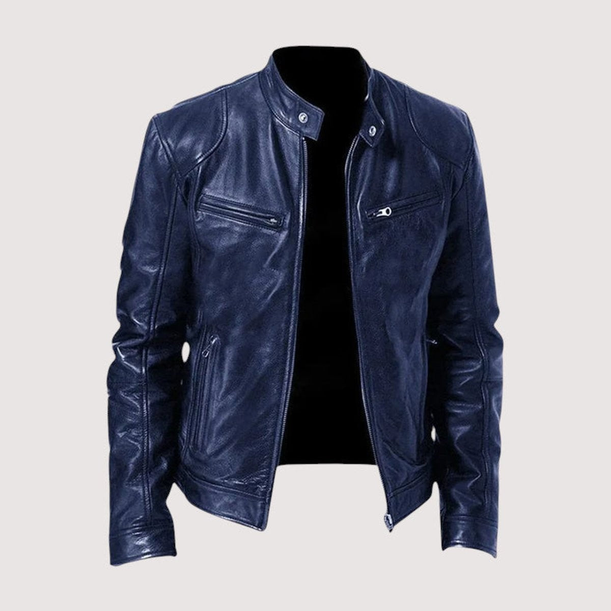 Navy leather bomber jacket featuring snap collar and zip-up front