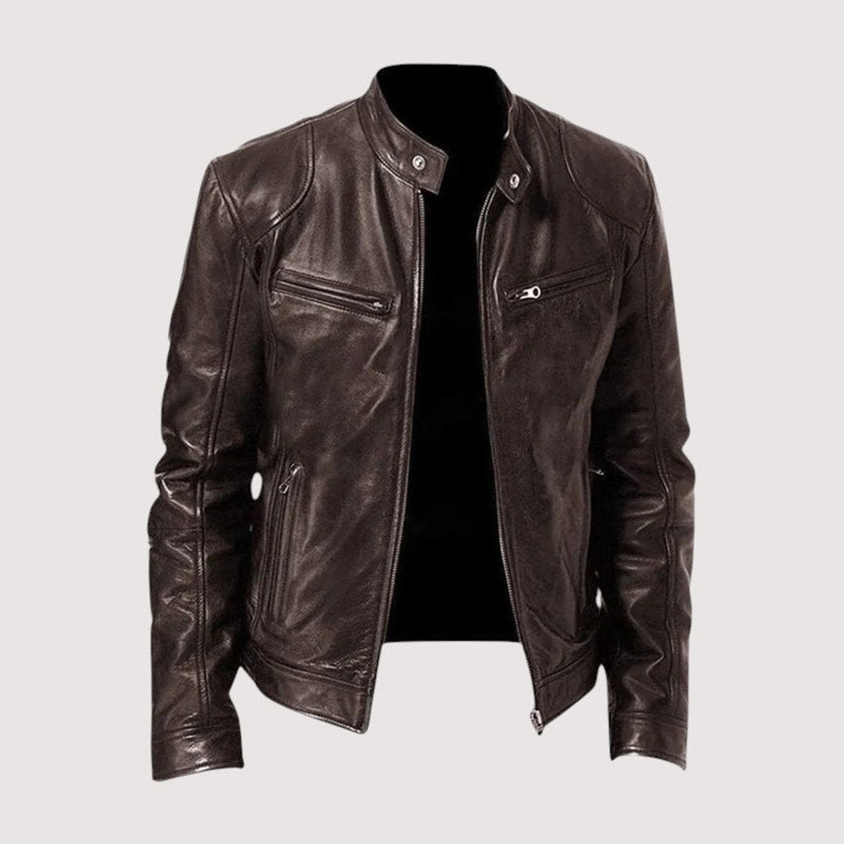 Brown leather biker jacket with quilted shoulders and zip pockets