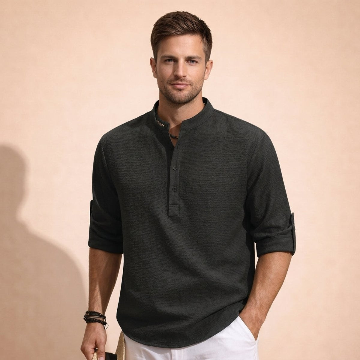 Charcoal textured henley shirt with band collar and roll-tab sleeves