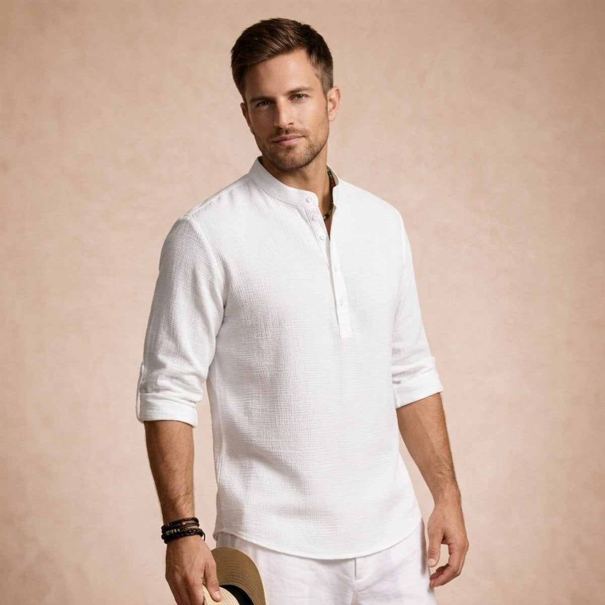 White waffle-knit linen henley shirt with button placket and roll-up cuffs