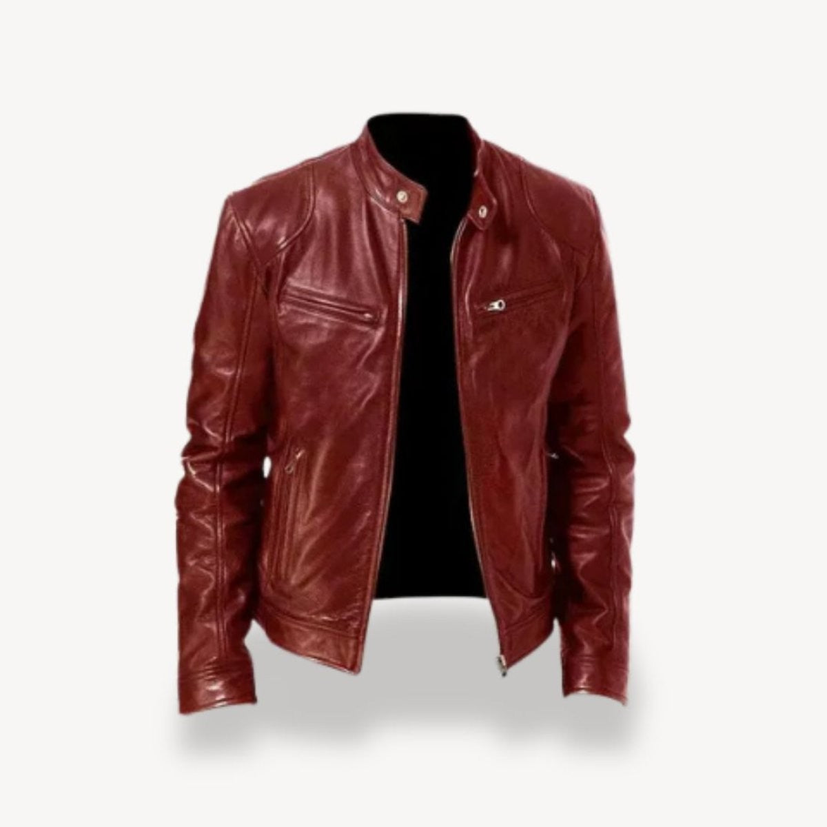 Burgundy leather biker jacket with quilted shoulders and zip pockets
