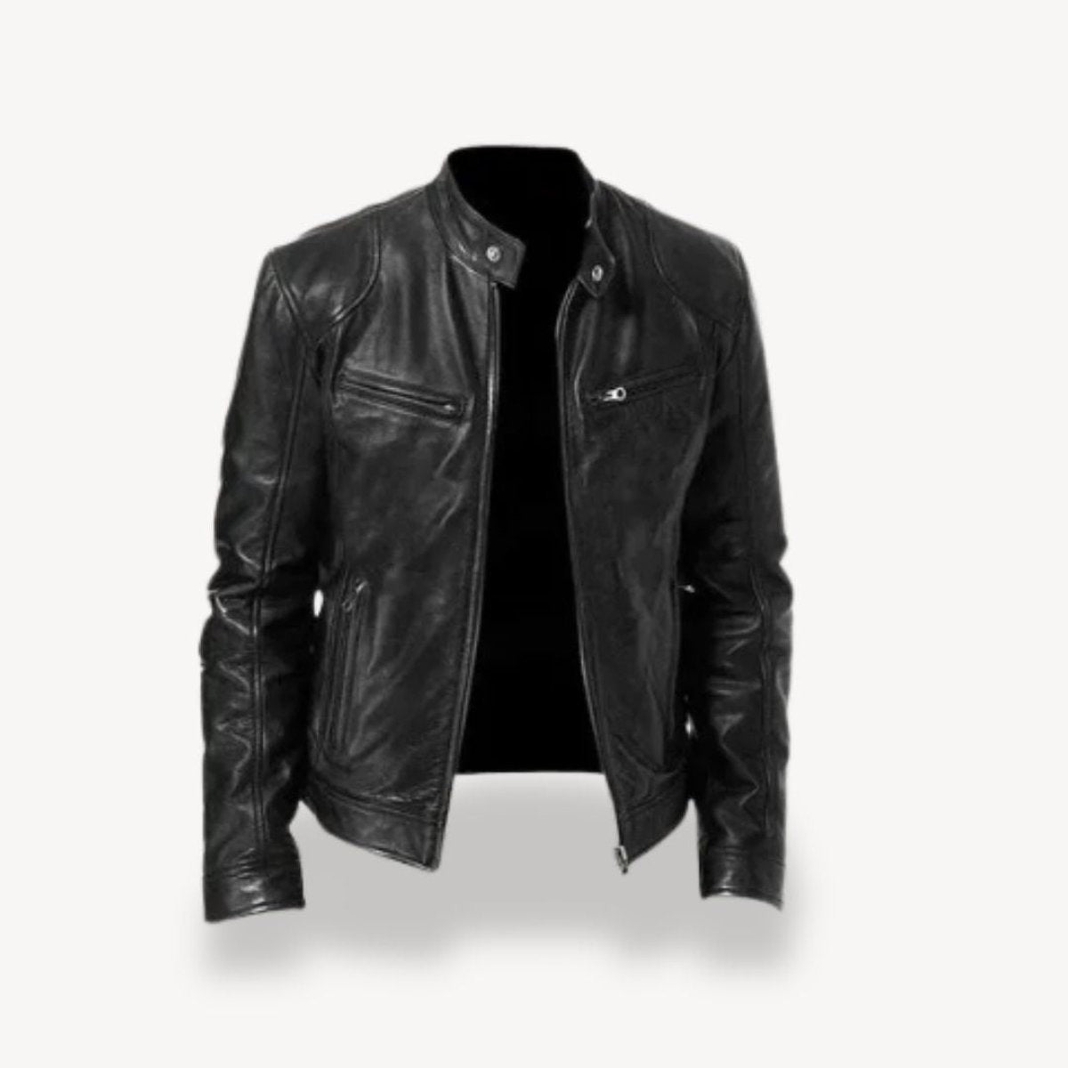 Black leather biker jacket with mandarin collar and zip closure