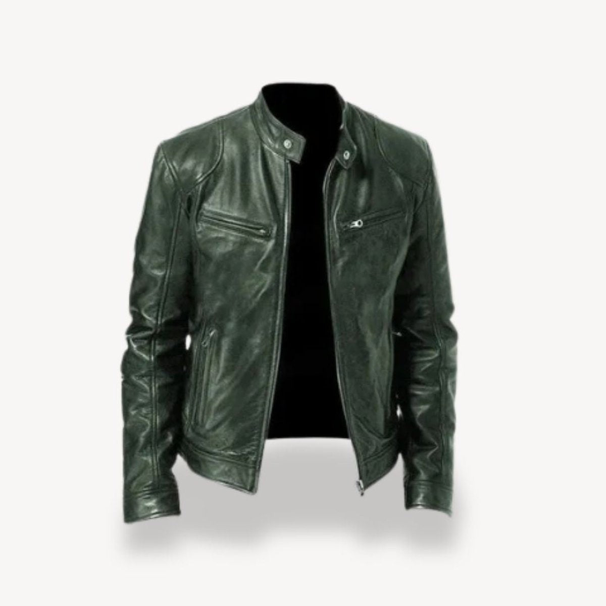 Dark green leather biker jacket with press-stud collar detailing
