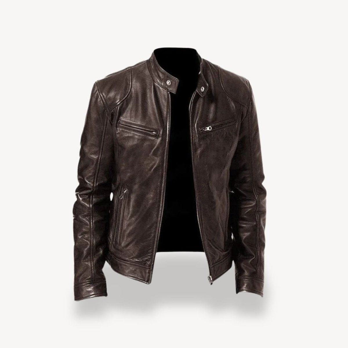 Espresso brown leather biker jacket featuring twin chest zip pockets