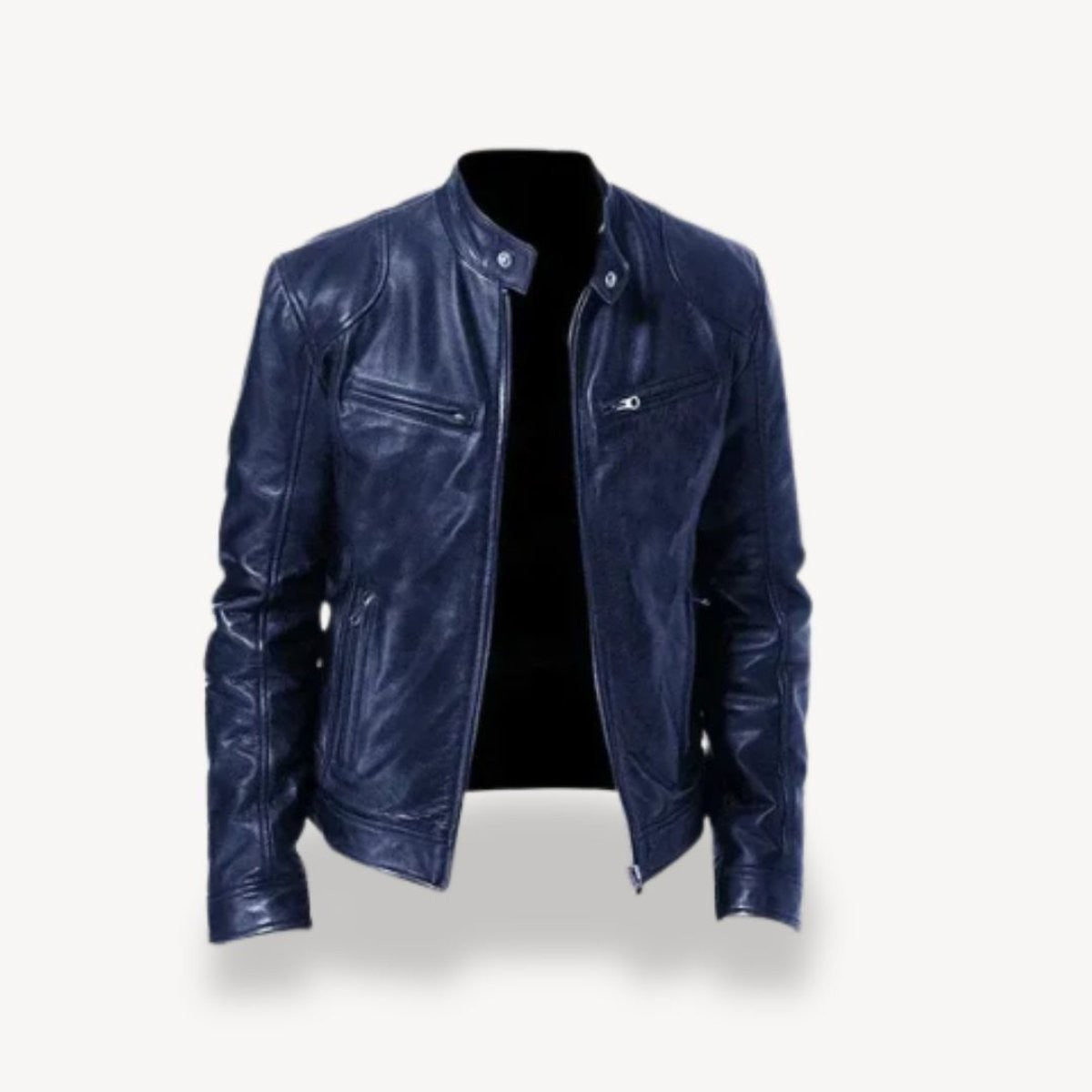 Navy blue leather biker jacket with slim tailored fit