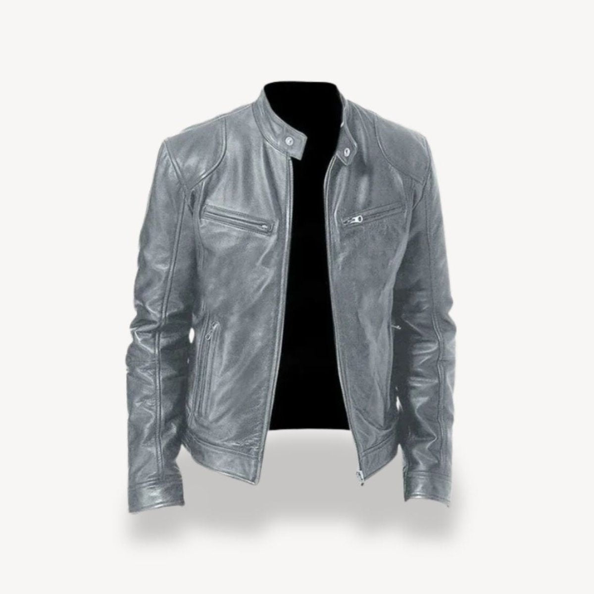 Charcoal grey leather biker jacket with silver-tone zip hardware