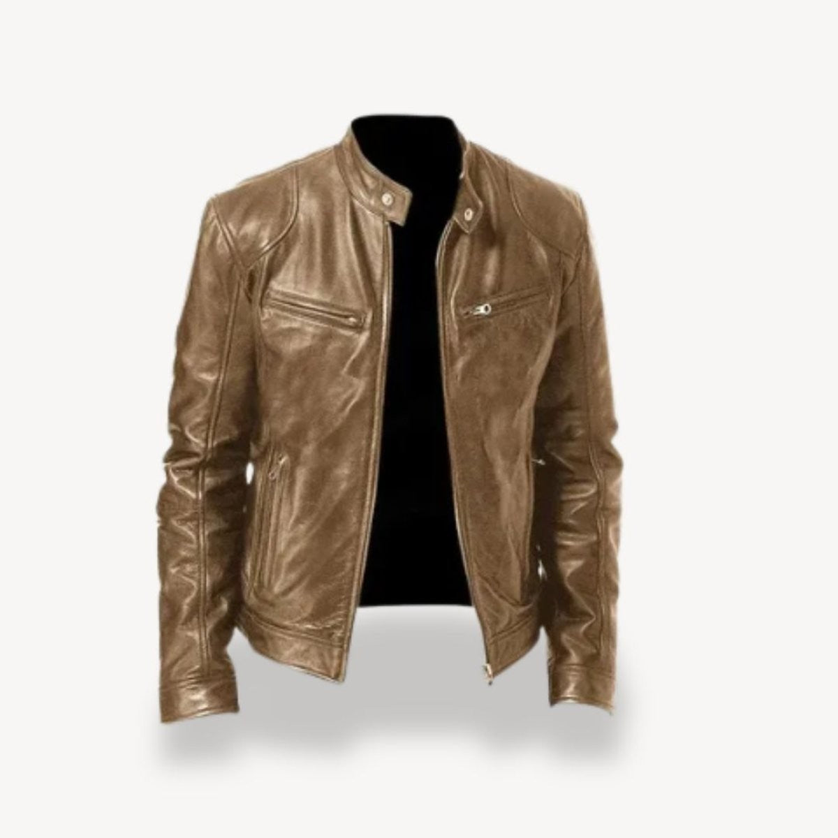 Bronze leather biker jacket with classic quilted shoulder panels