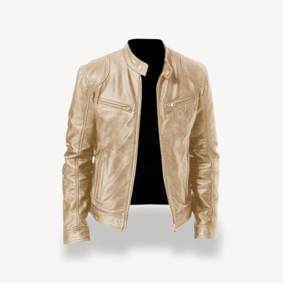 Champagne gold leather biker jacket with stand-up collar design