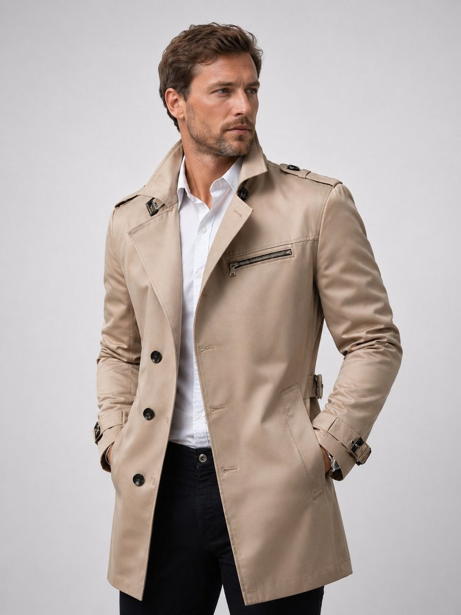 Beige trench coat with buttoned front and zip chest pocket, worn open