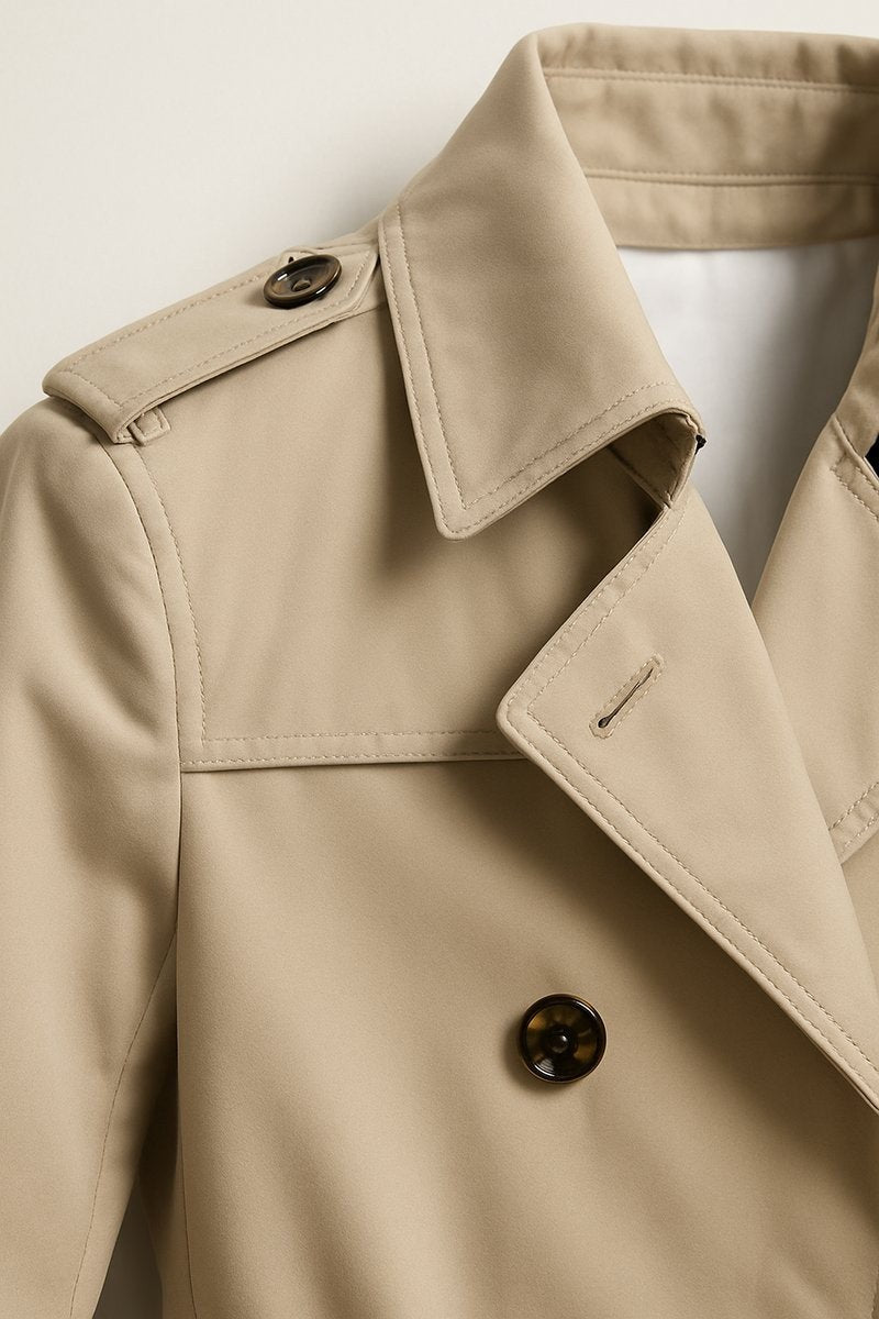 Close-up of beige trench coat collar with tortoiseshell button detail