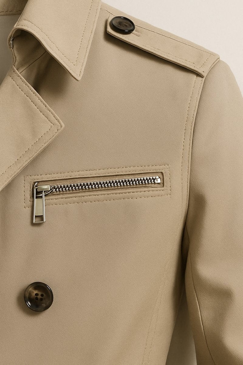 Zip chest pocket detail on tailored beige trench coat with buttons