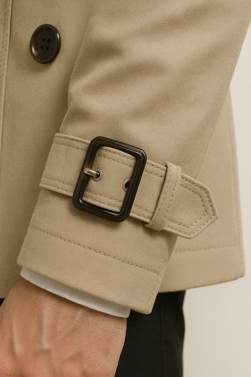 Buckled cuff strap detail on beige belted trench coat sleeve