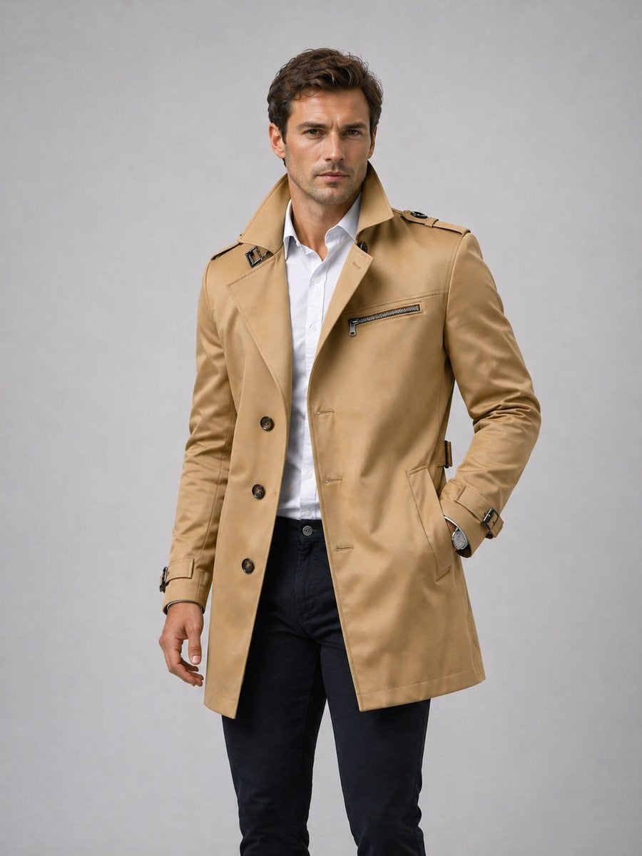 Camel trench coat styled with white shirt and navy trousers
