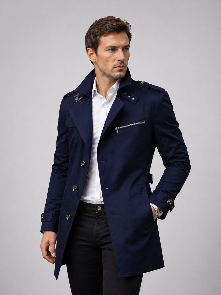 Navy trench coat with epaulettes and zip pocket, worn open