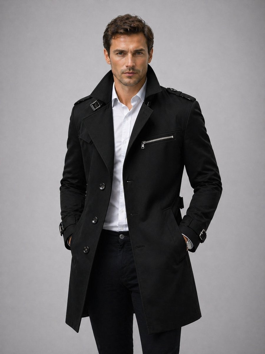 Black tailored trench coat with silver buttons and buckled cuffs