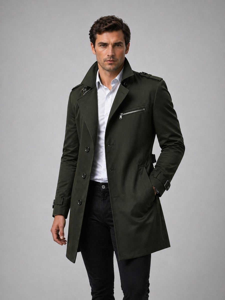 Dark olive trench coat with military-style shoulder straps and zip pocket