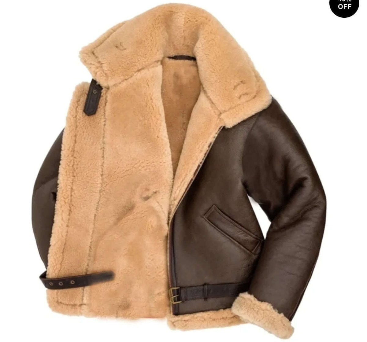 Brown leather shearling aviator jacket with tan fleece lining and belted waist