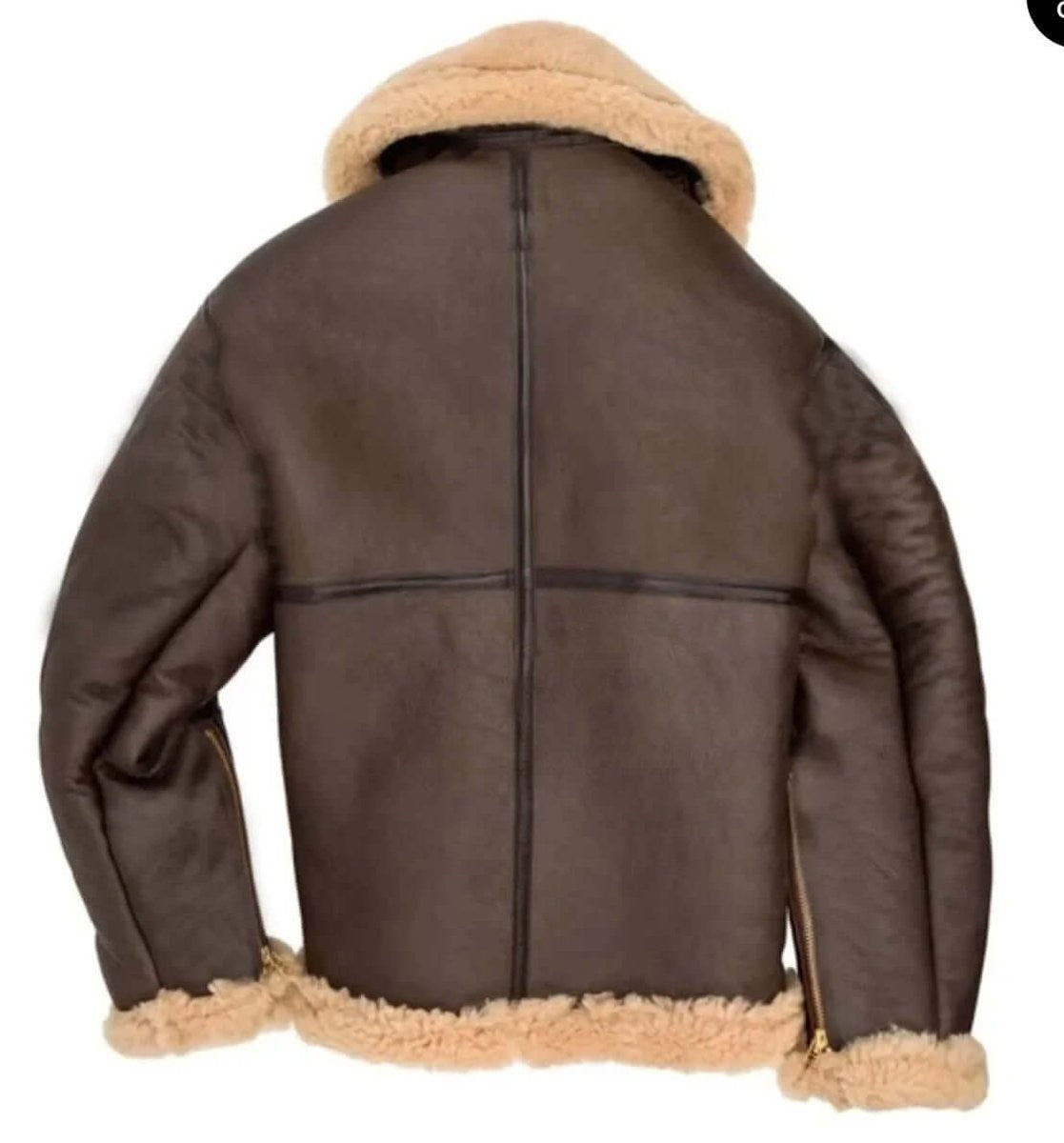 Rear view of brown shearling bomber jacket showing fur trim cuffs and collar