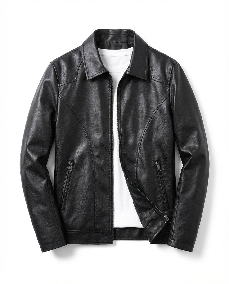Black faux-leather zip-up biker jacket with white t-shirt underneath, front view