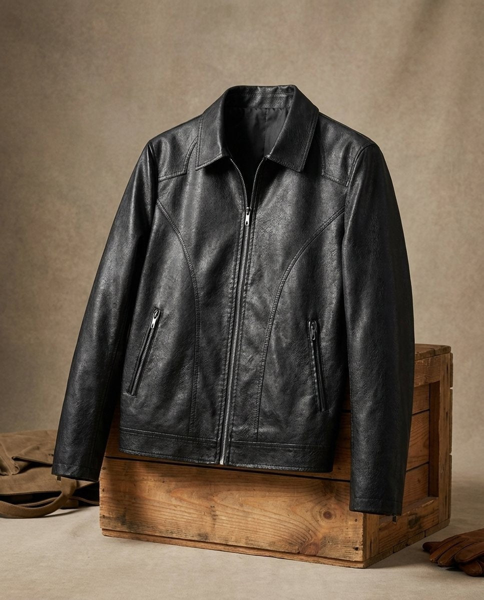 Black leather zip-up jacket displayed on wooden crate against neutral backdrop