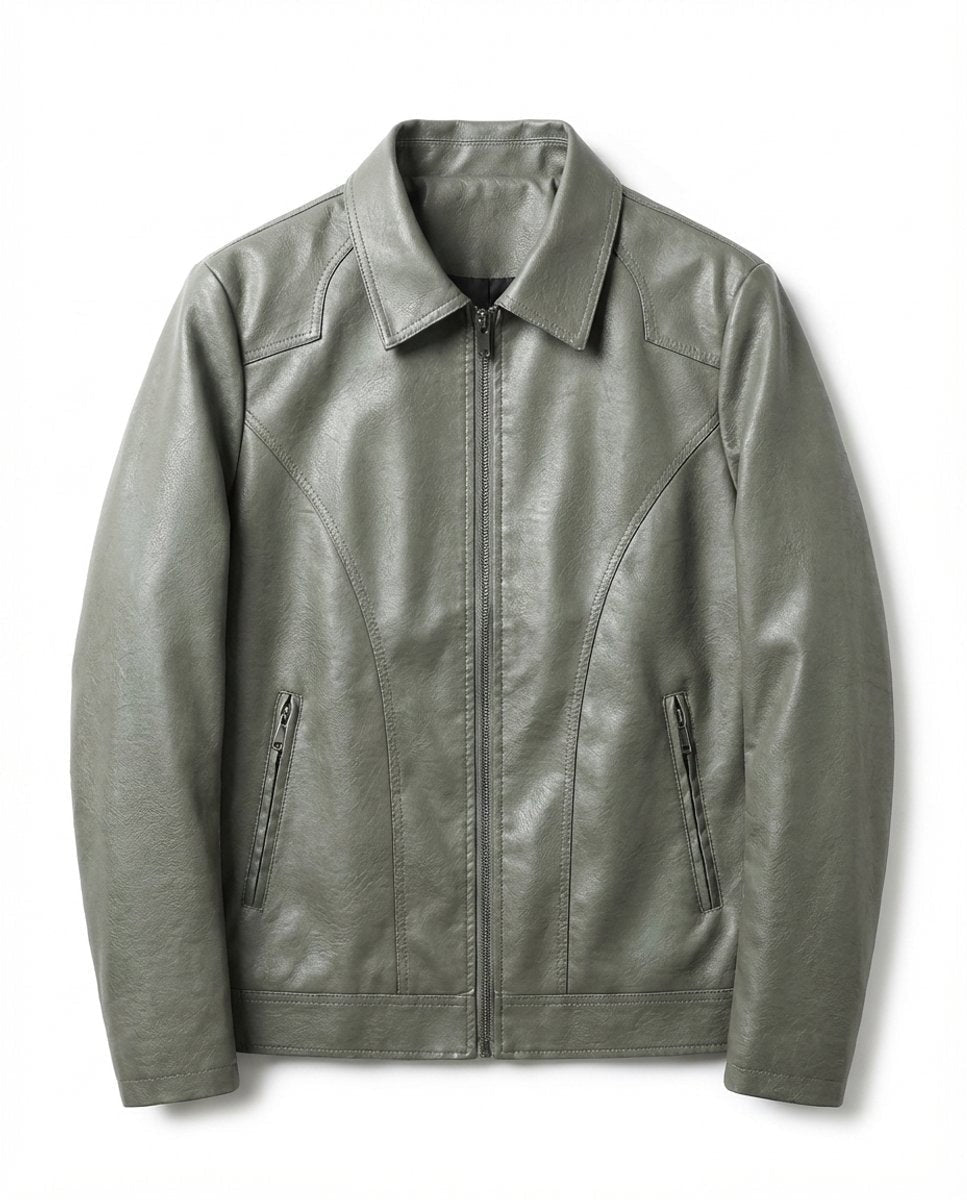 Sage green faux-leather zip-up jacket with point collar and zipped pockets