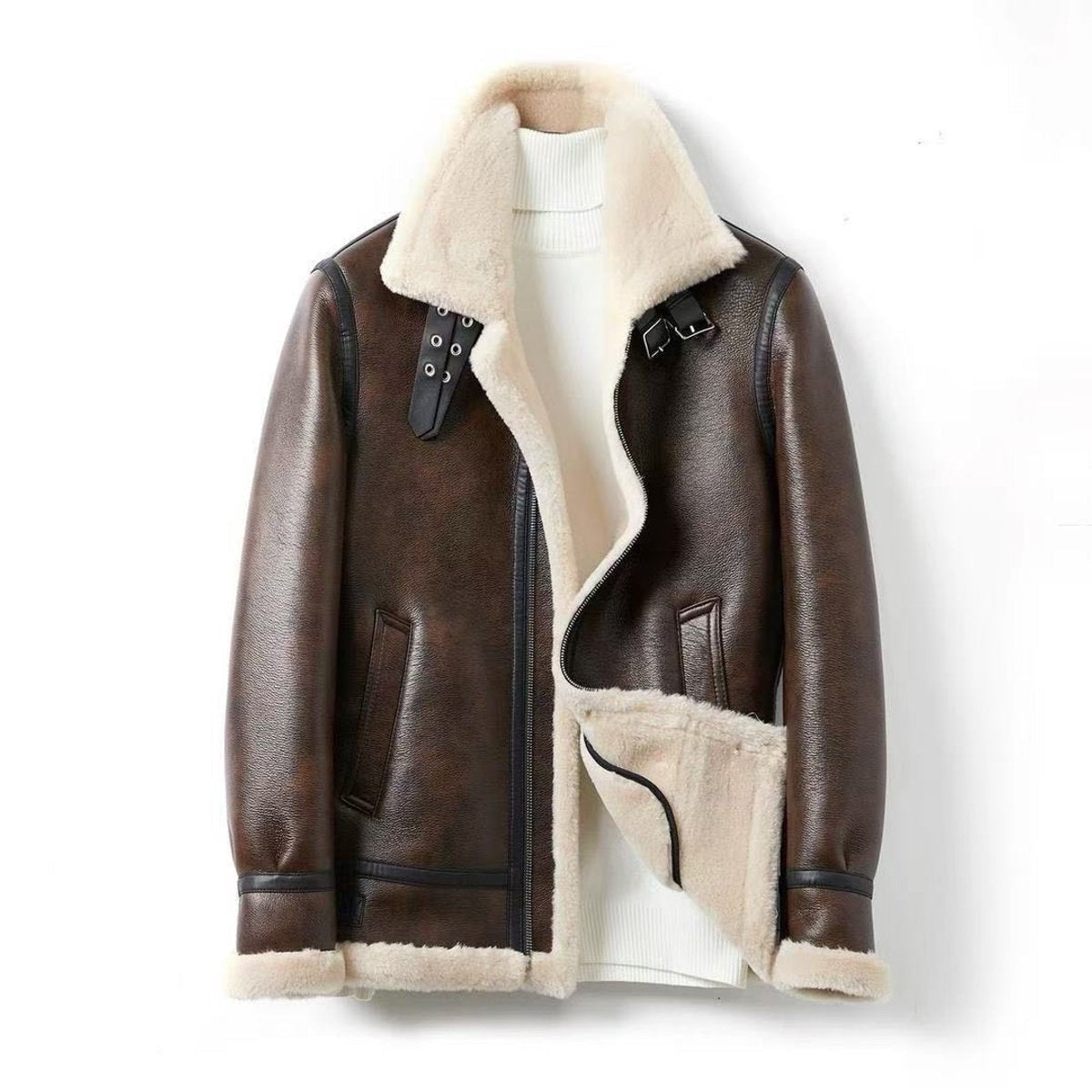 Brown shearling-lined aviator bomber jacket with cream fleece collar and buckle straps