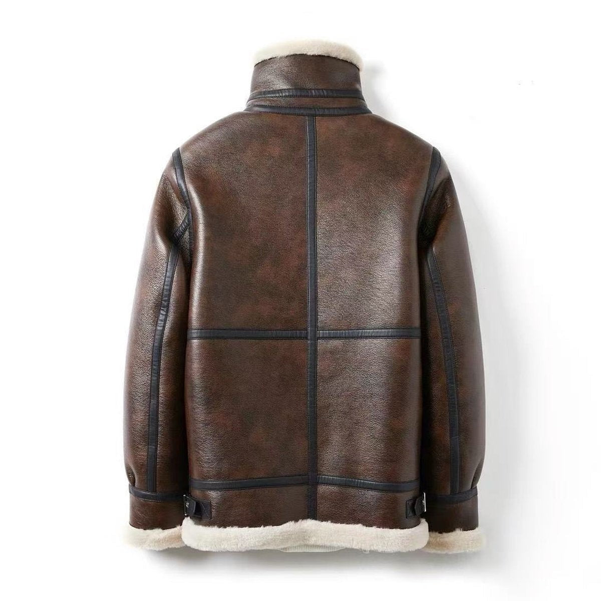 Back view of brown faux leather aviator jacket showing shearling trim and seam detailing