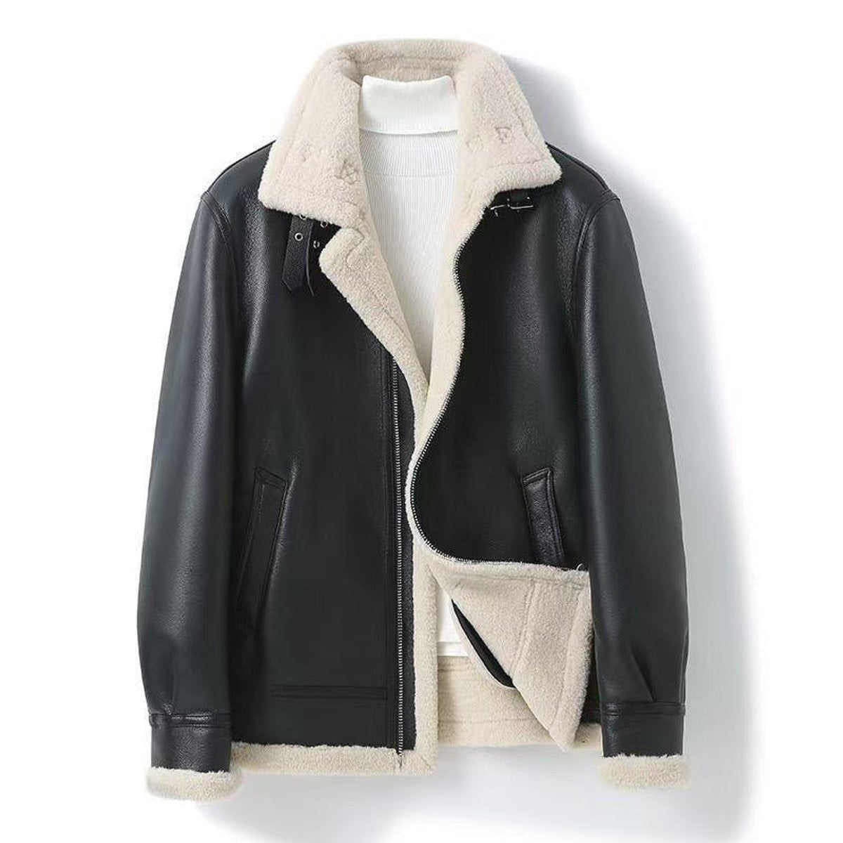 Black shearling-lined bomber jacket with cream fur collar and front zip fastening