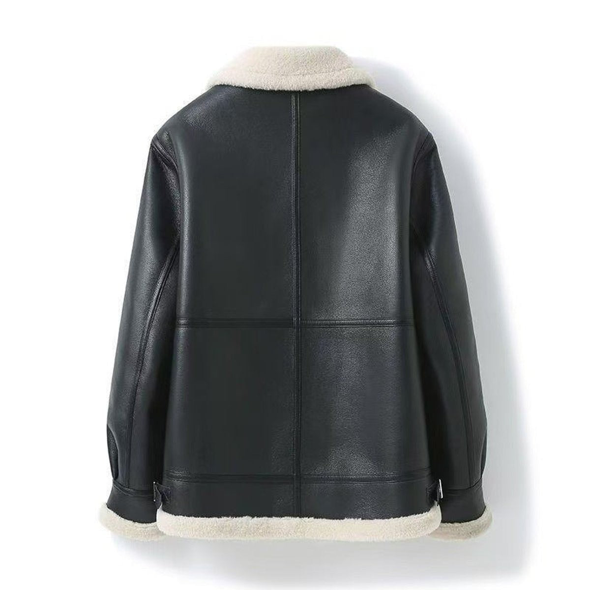Rear view of black faux leather aviator jacket with cream shearling cuffs and hem