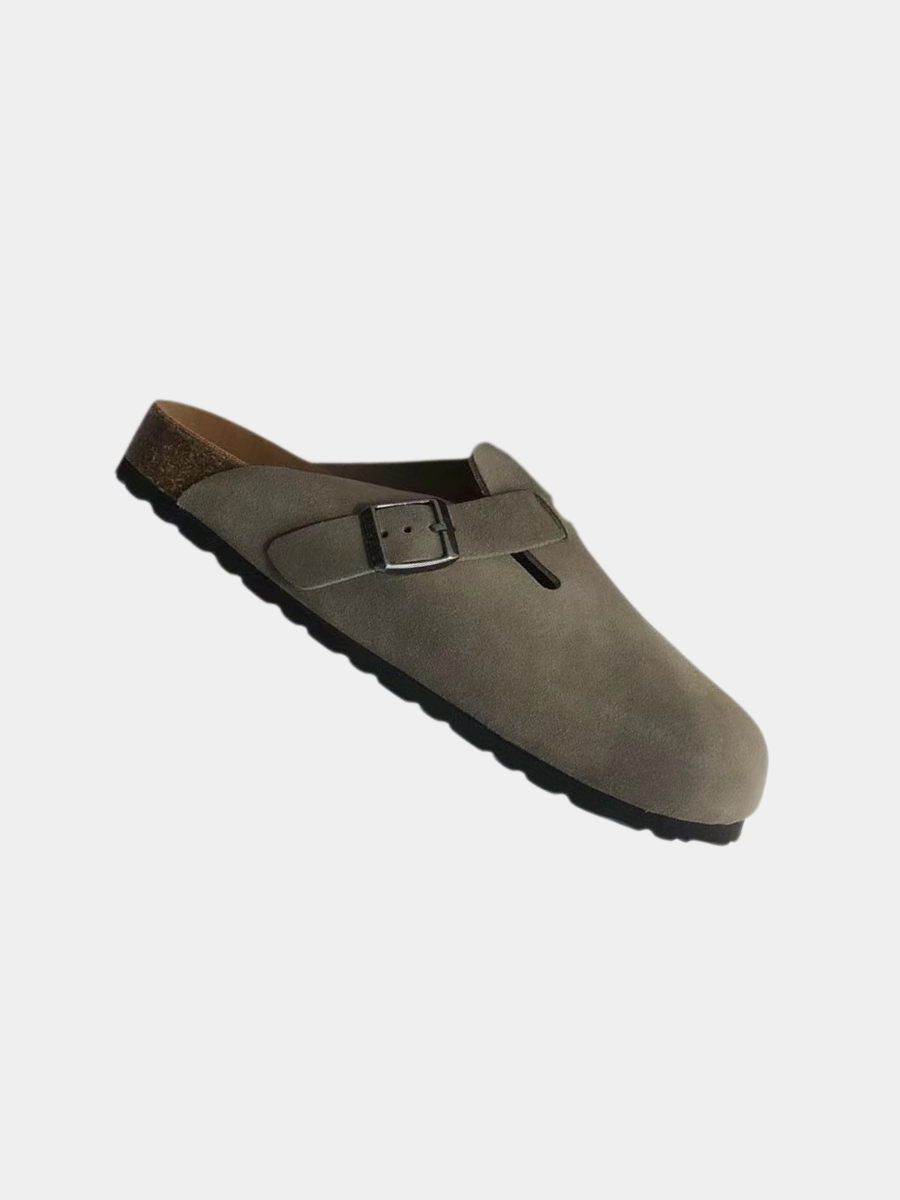 Taupe suede clog sandal with buckle strap and cork footbed