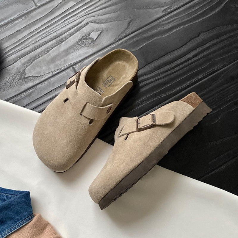 Beige suede footbed clogs with adjustable buckle fastening