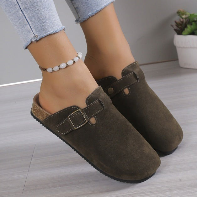 Olive suede footbed clogs styled with cropped denim jeans
