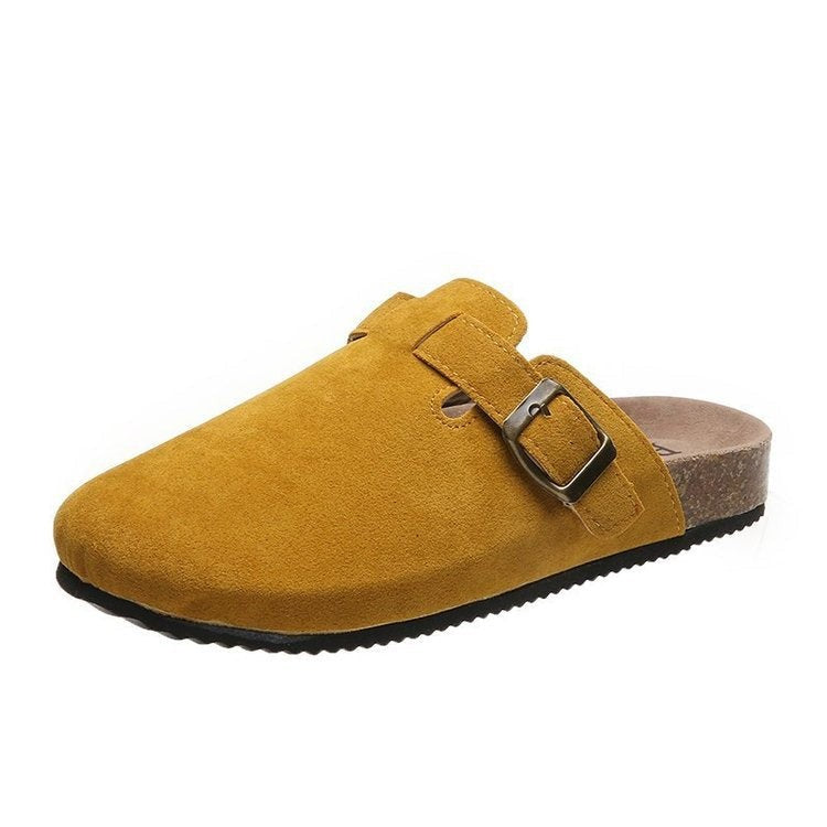 Mustard yellow suede clog sandal with brass buckle detail