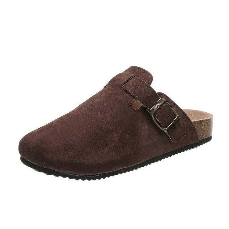 Chocolate brown suede clog sandal with cork footbed sole