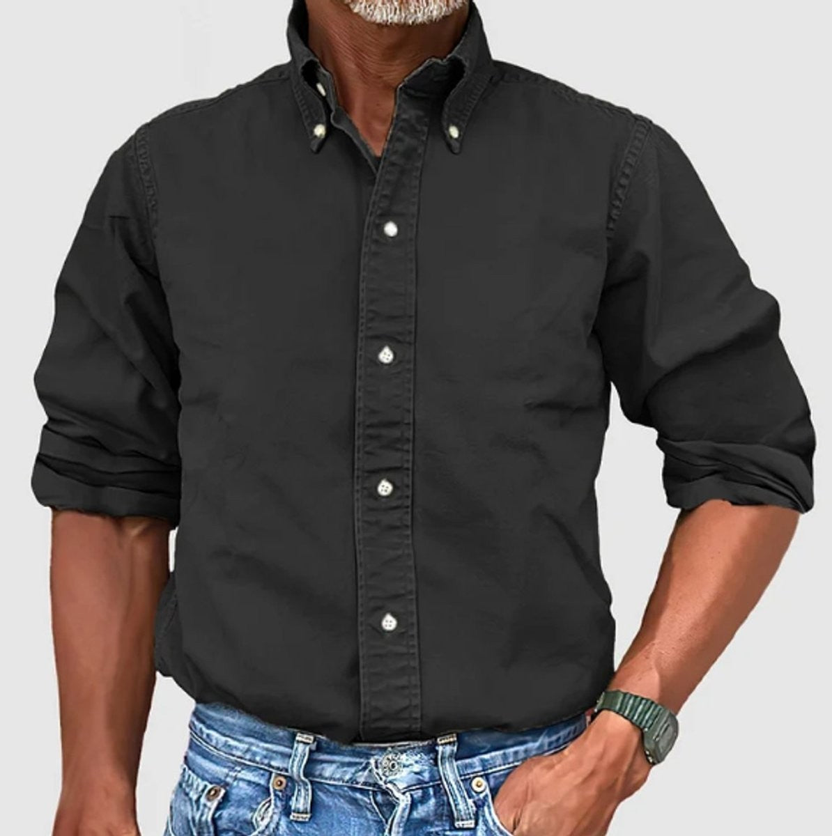 Black cotton button-down shirt featuring a classic button-fastened collar
