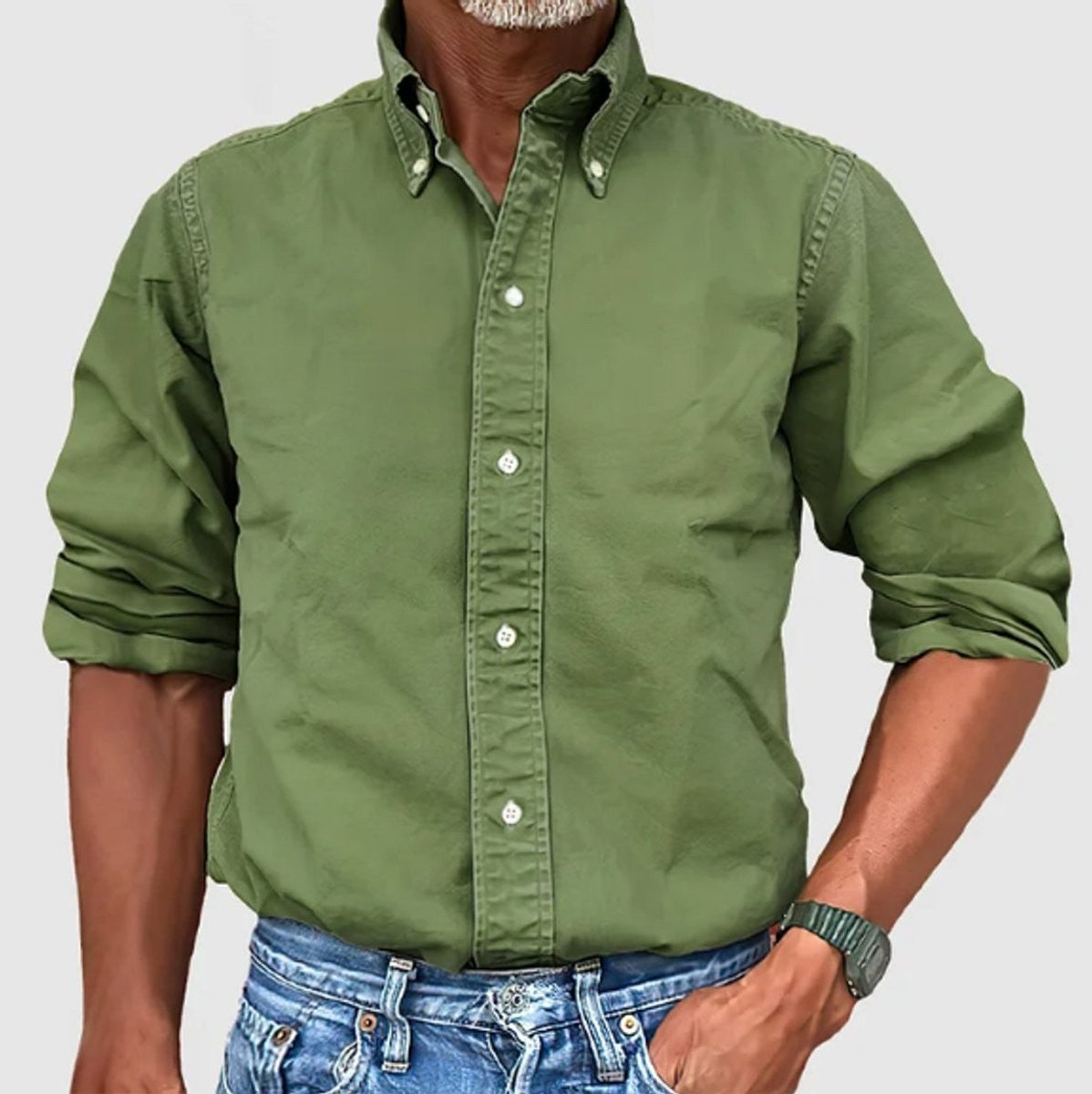 Olive green long-sleeve shirt with regular fit and button-down collar